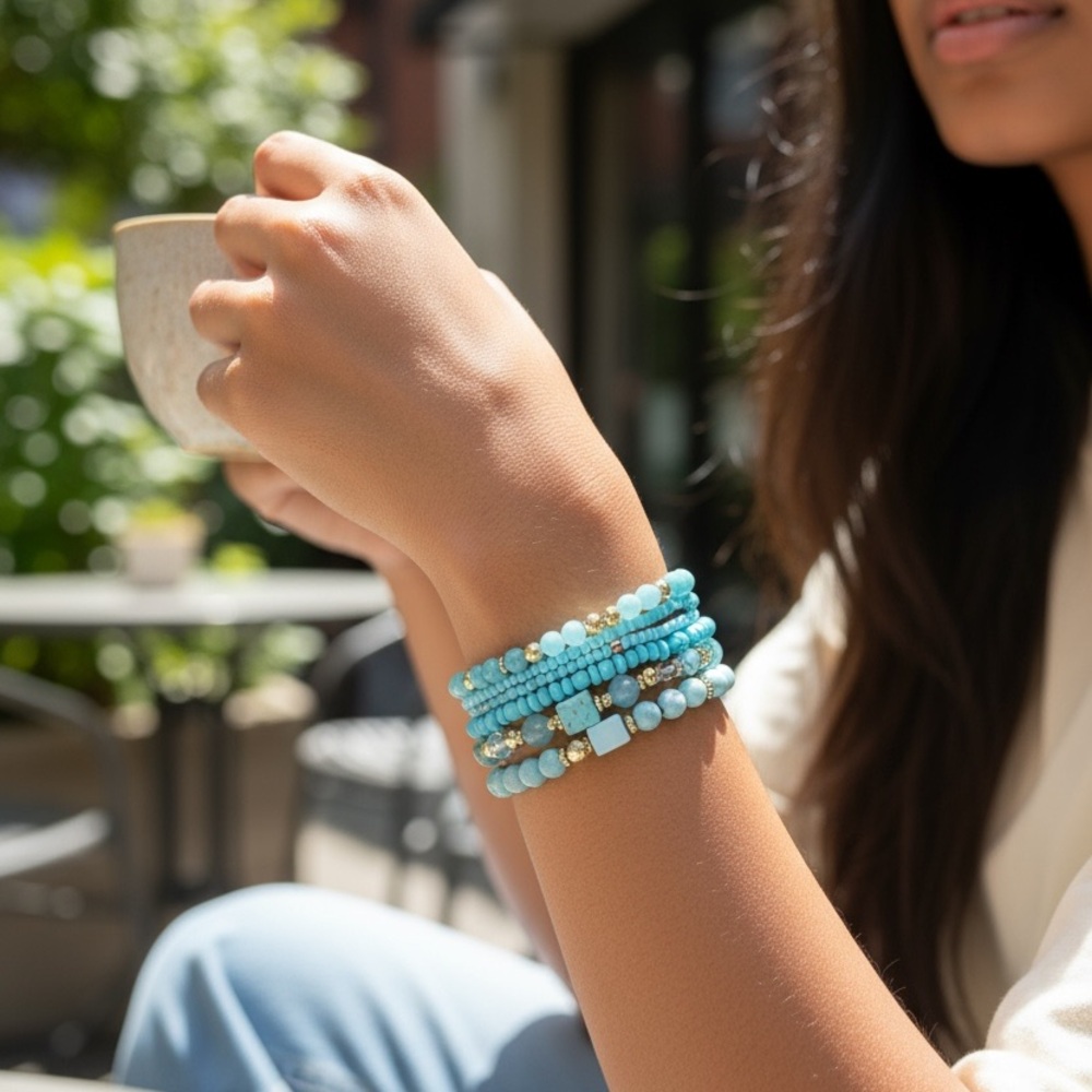 Blue and Gold Beaded Bracelet Set
